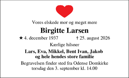 Dødsannoncen for Birgitte Larsen - Falen 29, 5000 Odense C
