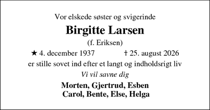 Dødsannoncen for Birgitte Larsen - Odense
