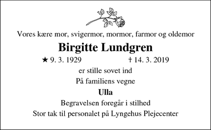 Dødsannoncen for Birgitte Lundgren - Allerød