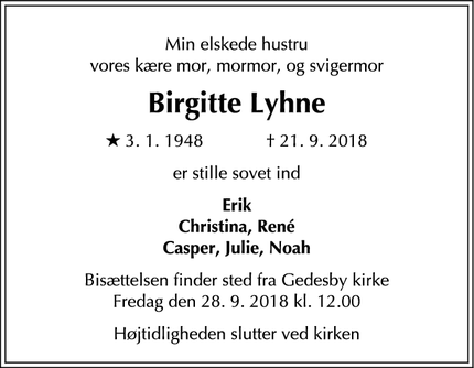 Dødsannoncen for Birgitte Lyhne - Nykøbing Falster