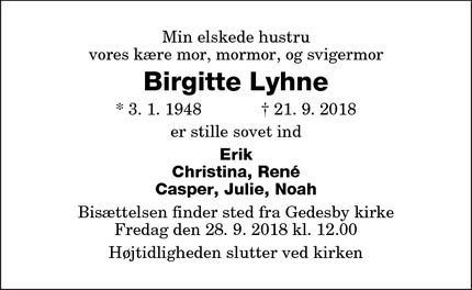 Dødsannoncen for Birgitte Lyhne - Nykøbing Falster