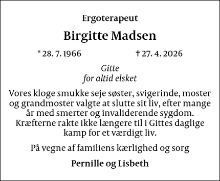Dødsannoncen for Birgitte Madsen - København