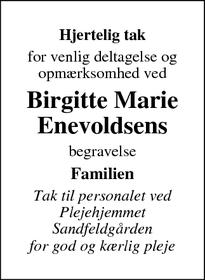Taksigelsen for Birgitte Marie
Enevoldsen - Hoven/Sdr. Felding
