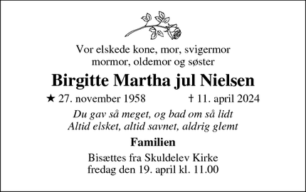 Dødsannoncen for Birgitte Martha jul Nielsen - Jægerspris