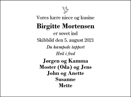 Dødsannoncen for Birgitte Mortensen - Thyholm