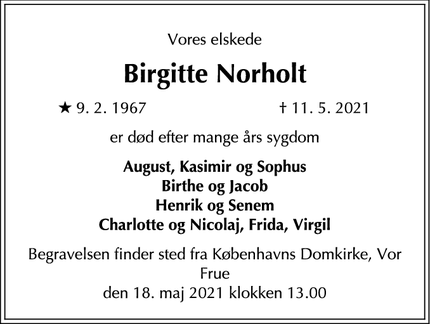 Dødsannoncen for Birgitte Norholt - København