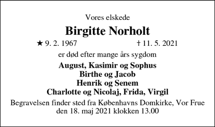Dødsannoncen for Birgitte Norholt - København