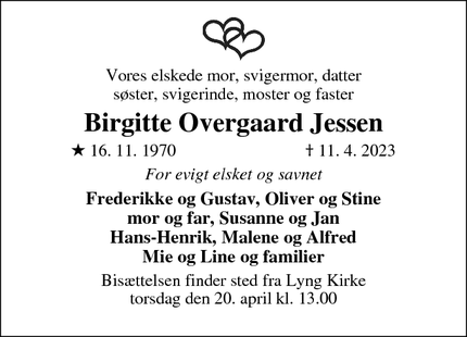 Dødsannoncen for Birgitte Overgaard Jessen - Fredericia