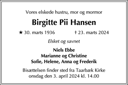 Dødsannoncen for Birgitte Pii Hansen - Virum