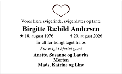 Dødsannoncen for Birgitte R&aelig;bild Andersen - Løgstør