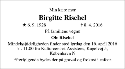 Dødsannoncen for Birgitte Rischel - København