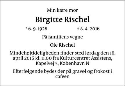 Dødsannoncen for Birgitte Rischel - København