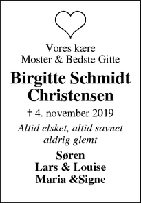 Dødsannoncen for Birgitte Schmidt
Christensen - Tim