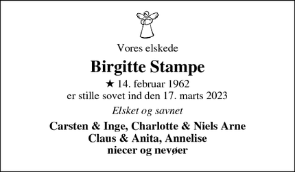 Dødsannoncen for Birgitte Stampe - Ringkøbing