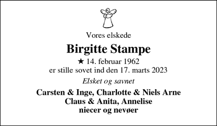Dødsannoncen for Birgitte Stampe - Ringkøbing