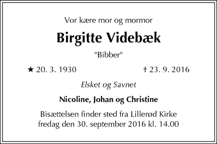 Dødsannoncen for Birgitte Videbæk - Allerød