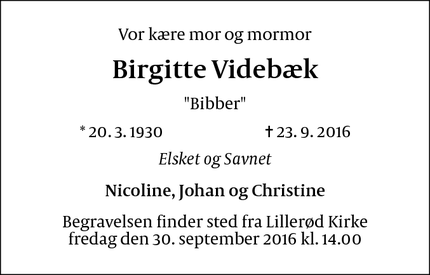 Dødsannoncen for Birgitte Videbæk - Allerød