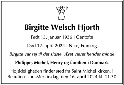 Dødsannoncen for Birgitte Welsch Hjorth - Herlufmagle