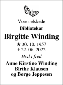 Dødsannoncen for Birgitte Winding - Frederiksberg