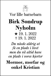 Dødsannoncen for Birk Sondrup
Nyholm - Snejbjerg 