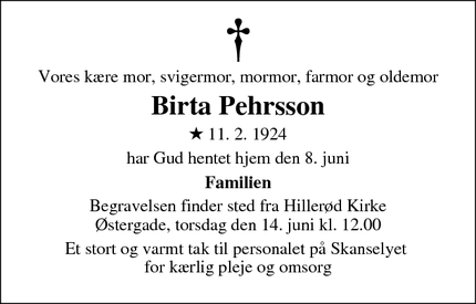 Dødsannoncen for Birta Pehrsson - Hillerød