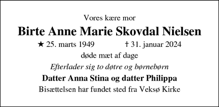 Dødsannoncen for Birte Anne Marie Skovdal Nielsen - Veksø