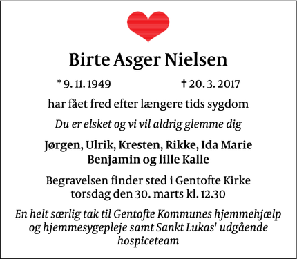 Dødsannoncen for Birte Asger Nielsen - Gentofte, Danmark
