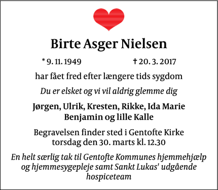 Dødsannoncen for Birte Asger Nielsen - Gentofte, Danmark
