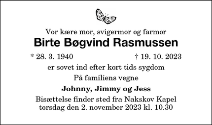 Dødsannoncen for Birte Bøgvind Rasmussen - Rødby