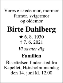 Dødsannoncen for Birte Dahlberg - Hørsholm