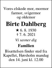 Dødsannoncen for Birte Dahlberg - Hørsholm