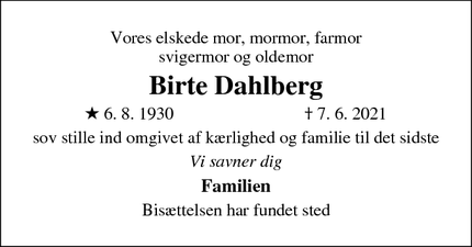 Dødsannoncen for Birte Dahlberg - Hørsholm