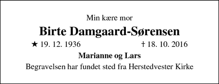 Dødsannoncen for Birte Damgaard-Sørensen - Albertslund