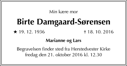 Dødsannoncen for Birte Damgaard-Sørensen - Albertslund