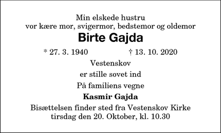 Dødsannoncen for Birte Gajda - Vestenskov
