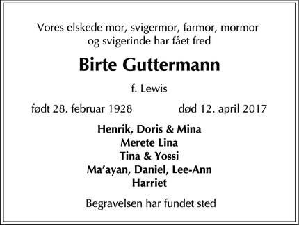 Dødsannoncen for Birte Guttermann  - København
