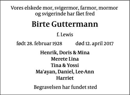 Dødsannoncen for Birte Guttermann  - København