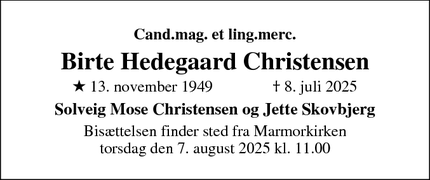Dødsannoncen for Birte Hedegaard Christensen - København