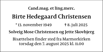 Dødsannoncen for Birte Hedegaard Christensen - København
