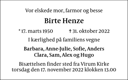Dødsannoncen for Birte Henze - Virum