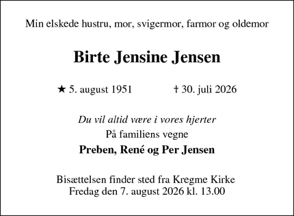 Dødsannoncen for Birte Jensine Jensen - Frederiksværk
