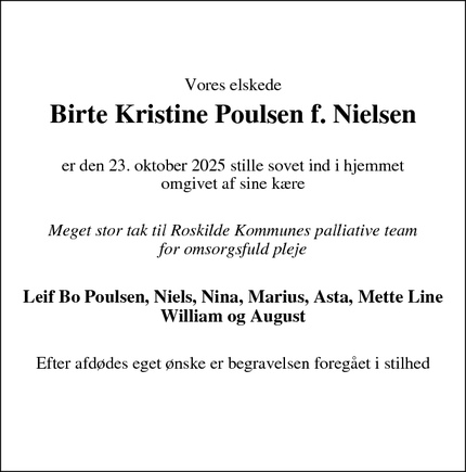 Dødsannoncen for Birte Kristine Poulsen f. Nielsen - København Ø