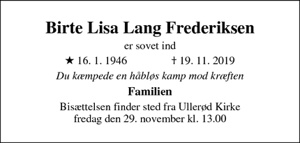 Dødsannoncen for Birte Lisa Lang Frederiksen - Hillerød
