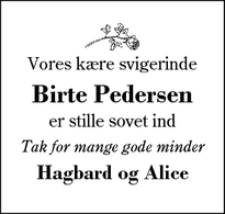 Dødsannoncen for Birte Pedersen - Herning