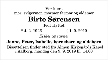 Dødsannoncen for Birte Sørensen - Nørresundby