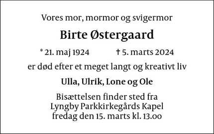 Dødsannoncen for Birte Østergaard - Virum