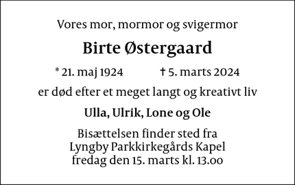 Dødsannoncen for Birte Østergaard - Virum