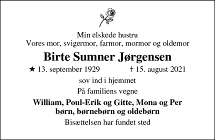 Dødsannoncen for Birte Sumner Jørgensen - Farum