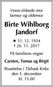 Dødsannoncen for Birte Wihlborg Jandorf - Virum