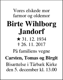 Dødsannoncen for Birte Wihlborg Jandorf - Virum